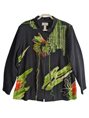 Y&S Moonlight Black One Button Jacket Floral Chartreuse Art To Wear Colorful XXL
